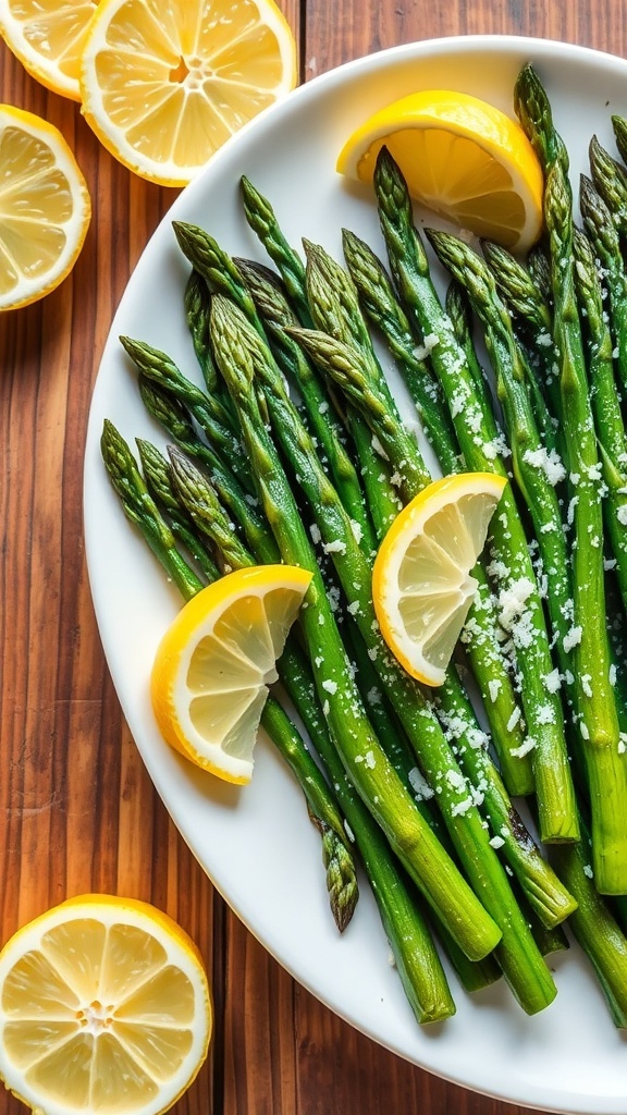 Air fryer asparagus garnished with lemon zest and Parmesan cheese on a rustic wooden table.